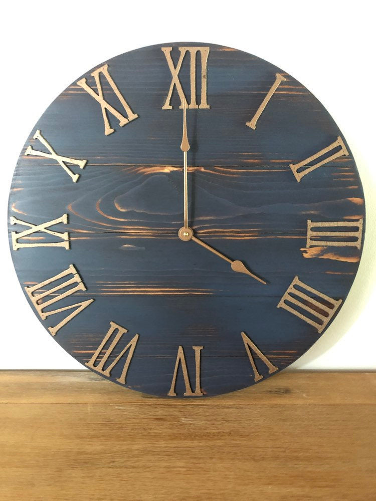 14" Rustic Blue Clock with Copper numbers and a silent mechanism for Jean