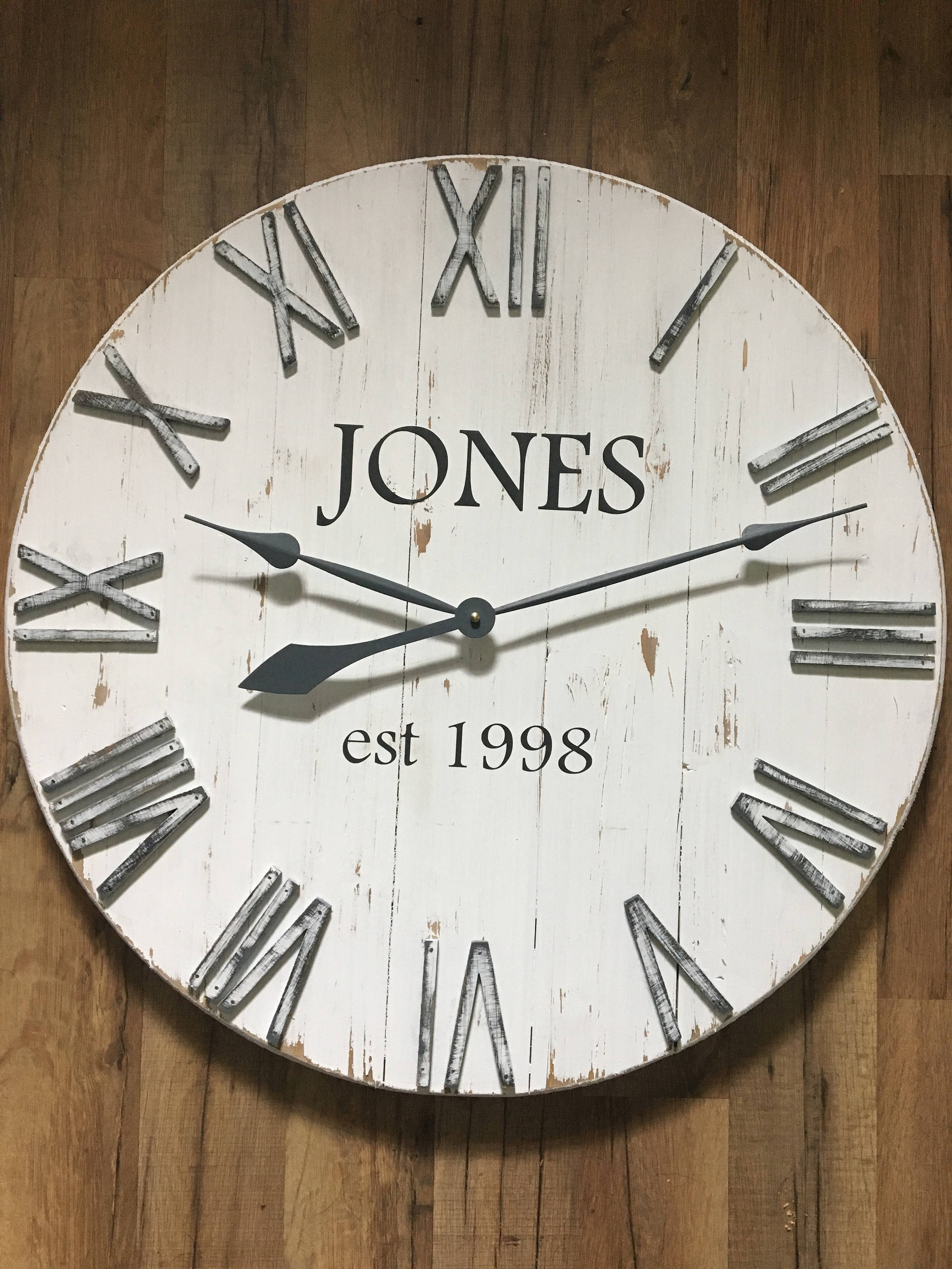 24" White Farmhouse Rustic Distressed Wall Clock, Can be Personalized with Family Last Name Established Year