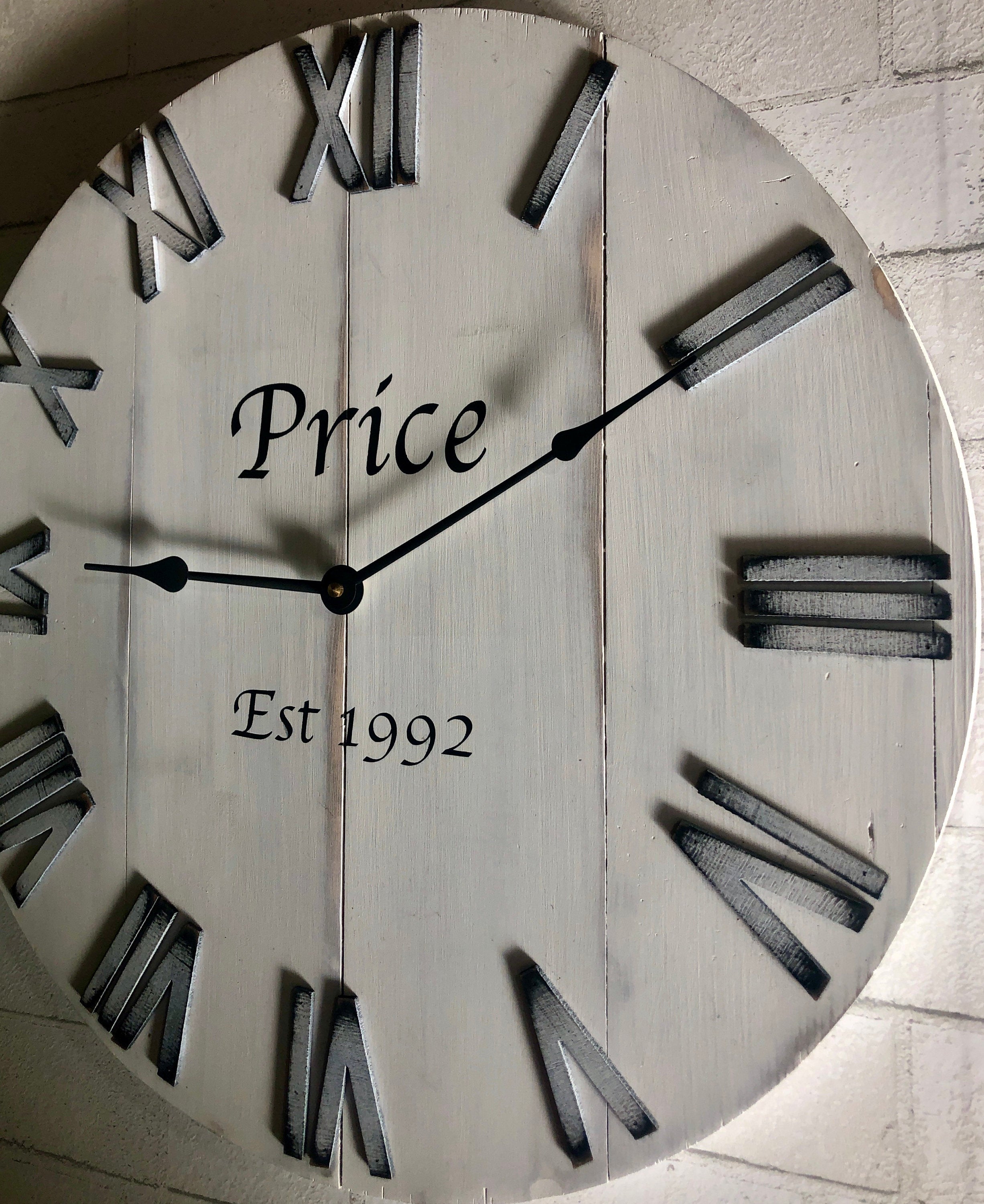 24" White Farmhouse Rustic Distressed Wall Clock, Can be Personalized with Family Last Name Established Year
