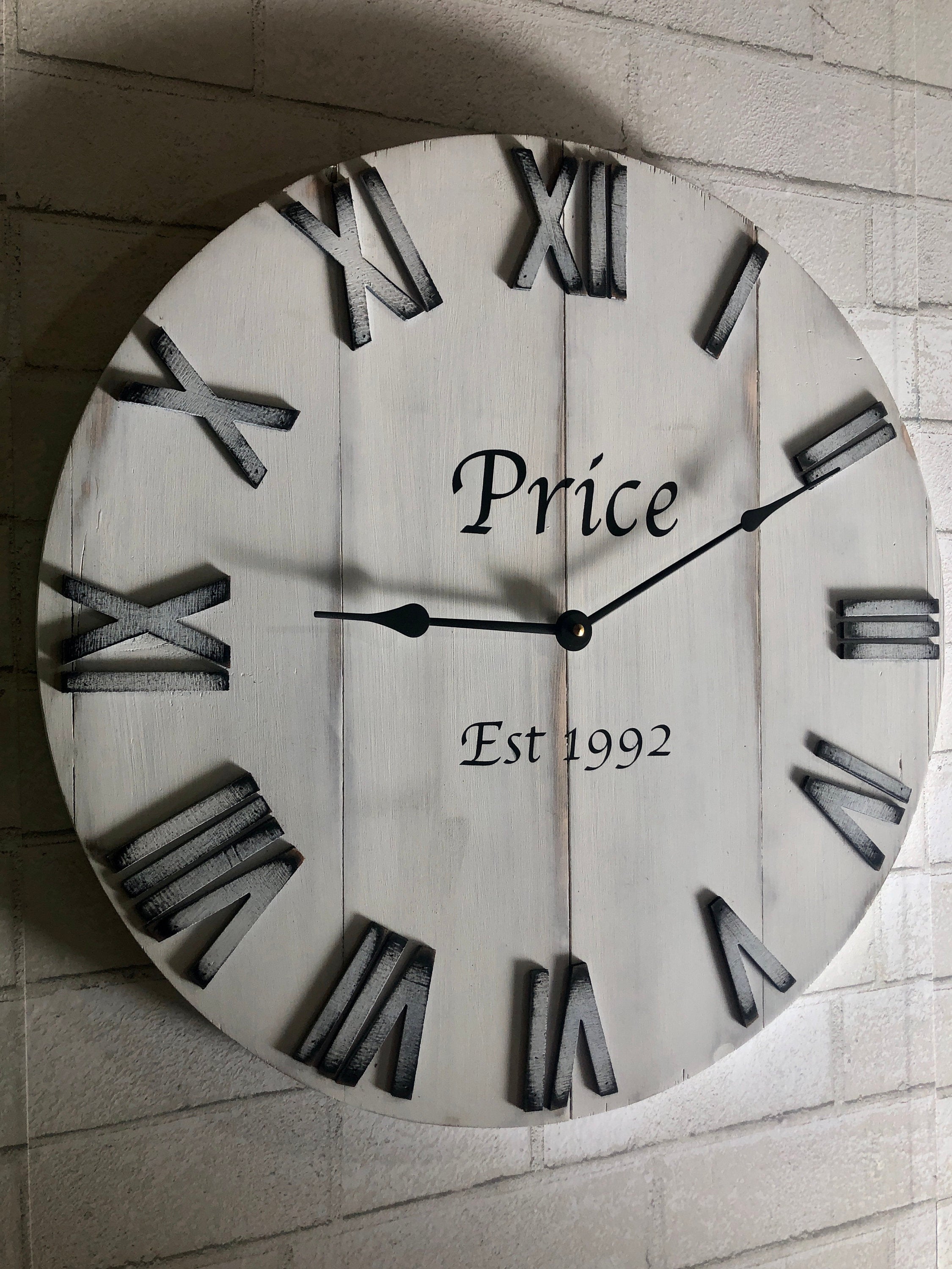 24" White Farmhouse Rustic Distressed Wall Clock, Can be Personalized with Family Last Name Established Year