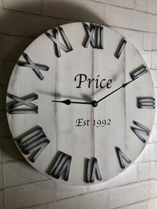24" White Farmhouse Rustic Distressed Wall Clock, Can be Personalized with Family Last Name Established Year