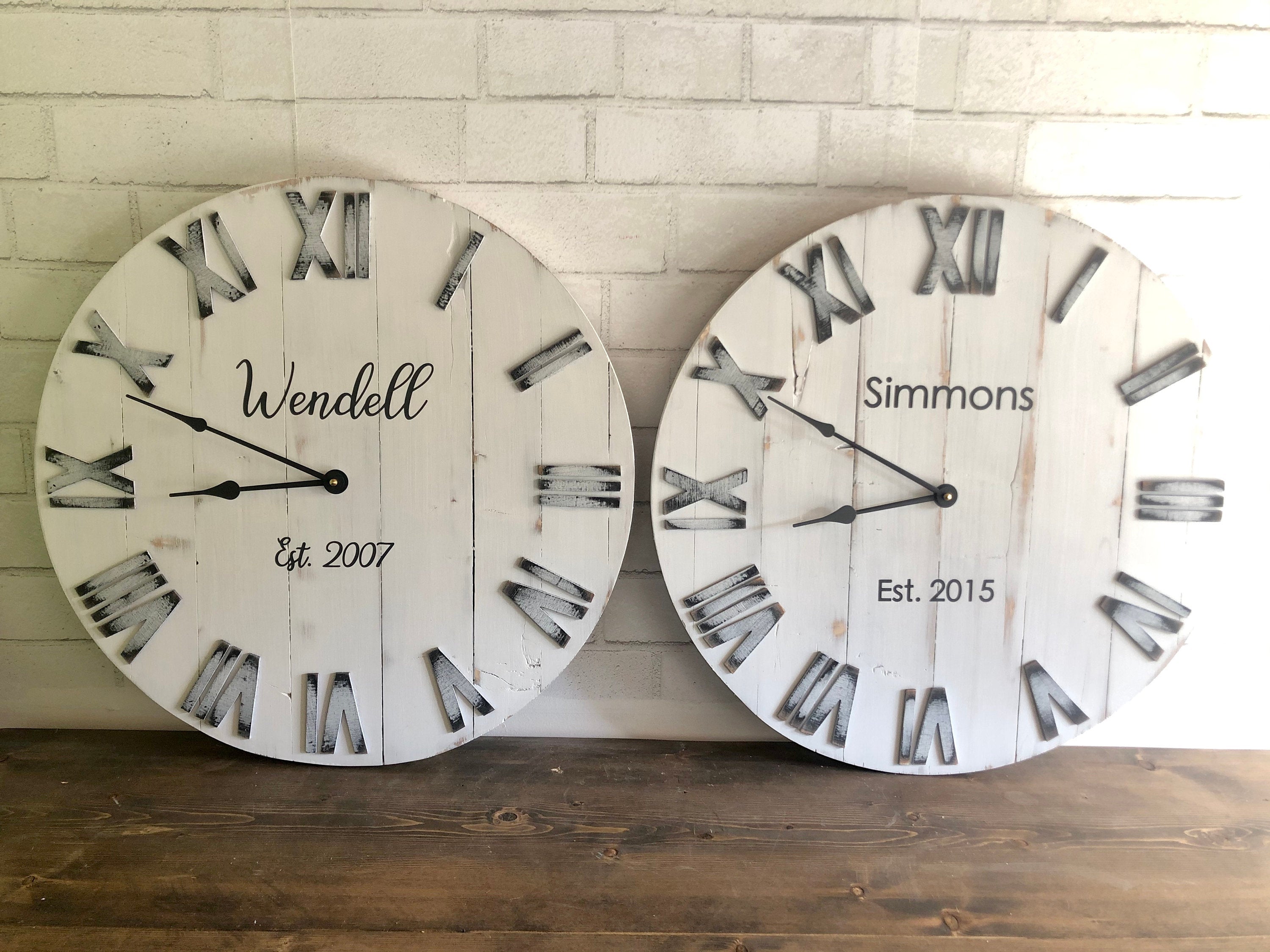 24" White Farmhouse Rustic Distressed Wall Clock, Can be Personalized with Family Last Name Established Year