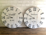 Load image into Gallery viewer, 24&quot; White Farmhouse Rustic Distressed Wall Clock, Can be Personalized with Family Last Name Established Year
