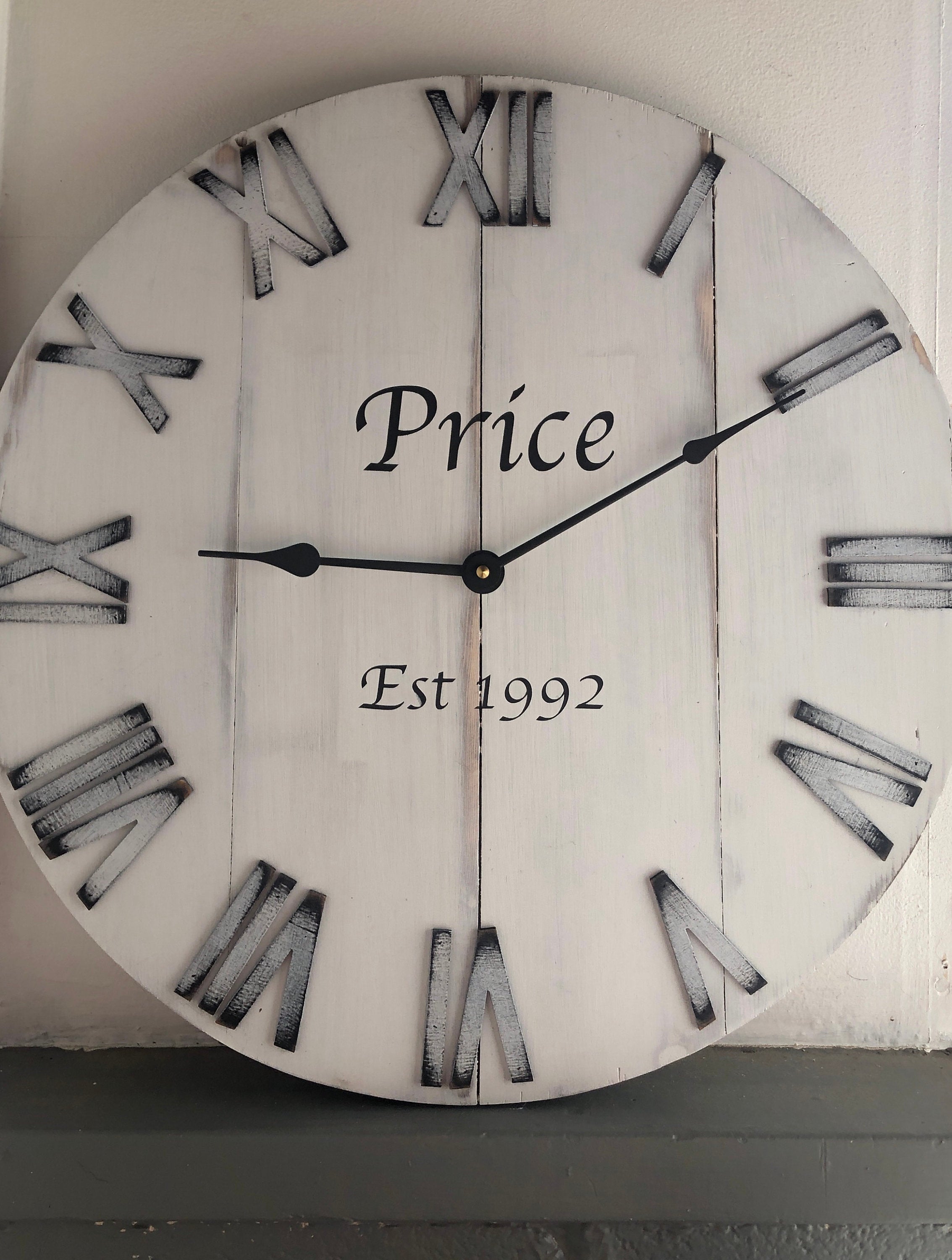 24" White Farmhouse Rustic Distressed Wall Clock, Can be Personalized with Family Last Name Established Year