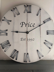 24" White Farmhouse Rustic Distressed Wall Clock, Can be Personalized with Family Last Name Established Year